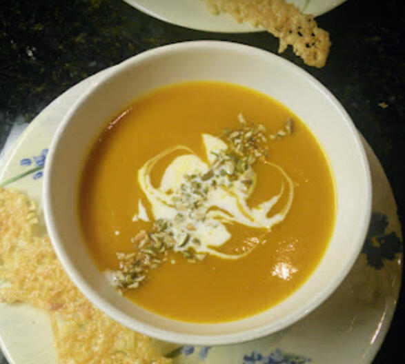 Spiced Pumpkin Soup with Toasted Pistachios and Crema. + Cheese Tuile Spiced Pumpkin Soup with Toasted Pistachios and Crema. + Cheese Tuile
