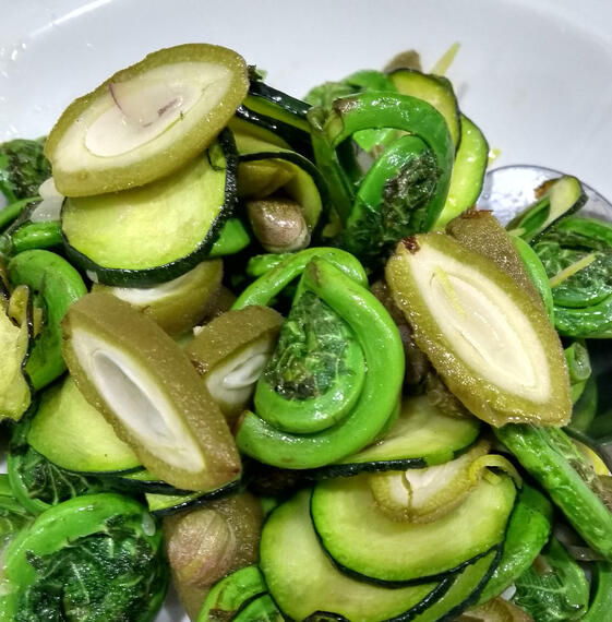 Sauteed Fiddlehead Fern with Pickled Green Almonds and Courgette Sauteed Fiddlehead Fern with Pickled Green Almonds and Courgette